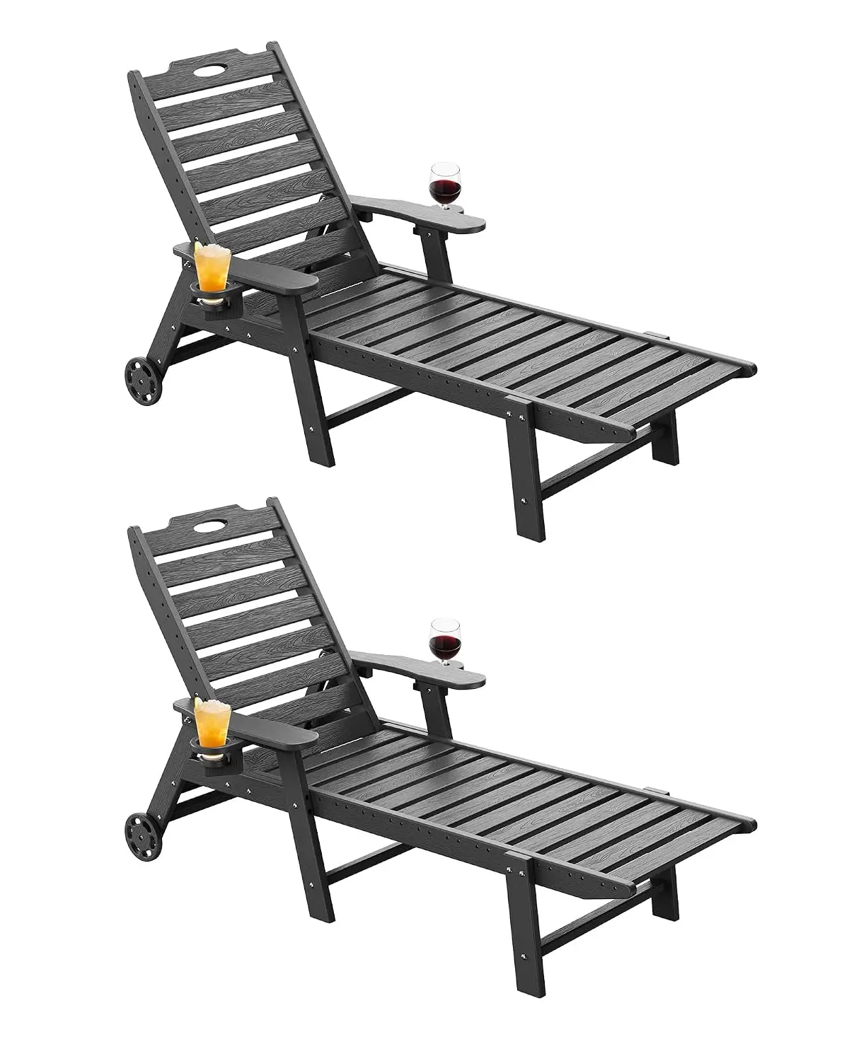 HDPE Lounge Chair Set of 2 with Wheels, 5-Position Adjustable Backrest & Cup Holders, All-Weather Patio Lounger, Customized