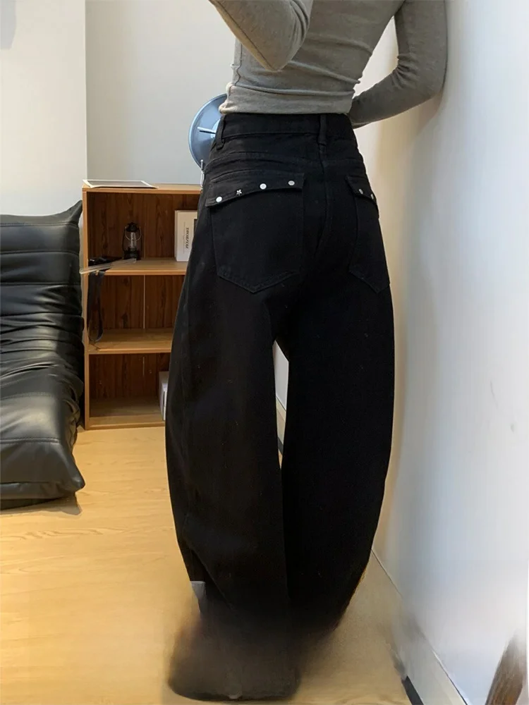 

Женские джинсы с высокой талией, широкими штанинами и прямым кроем, черные, из денима, осенне-зимние, новые, в стиле ретро, с декором в виде алмазных страз
