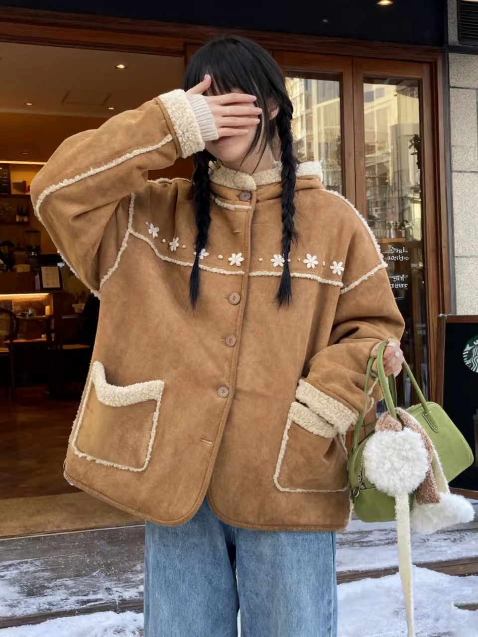 الرجعية المطرزة الفراء ort Jaet المرأة الشتاء فضفاضة الدافئة السائق الجلد المدبوغ معطف الكورية Sle الدفء طول ort Sle #1