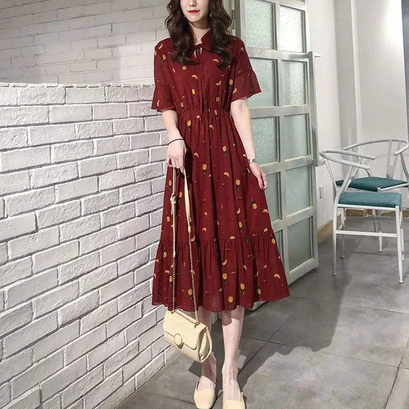 Summer V-Neck Stylish Drawstring Midi Dress Elegant A-Line Waist Female Clothing Casual Printed Elegant Ruffles Spliced Dresses