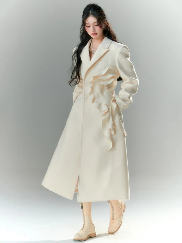 DEAT Fashion Women\'s Appliques Woolen Coat Lapel Single Breasted Long Sleeves Angola Red Blebds Overcoat Winter 2024 New 3WM2155