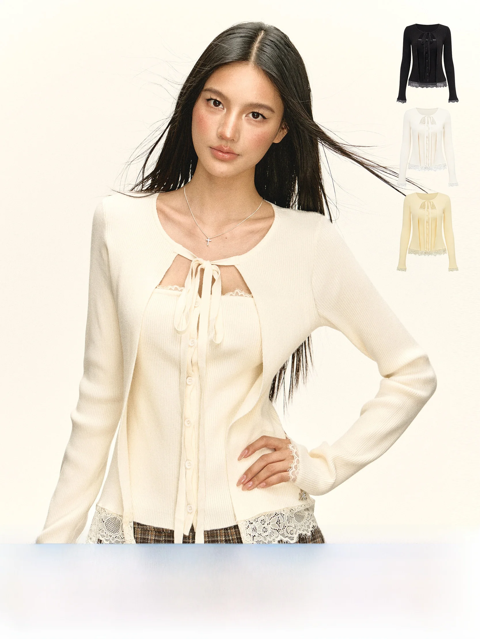 

Ariseism American Retro Splicing Lace Trim Knitted Sweater Fake Two-Piece Street Sle Slim Fit Long Sve round Ne Summer
