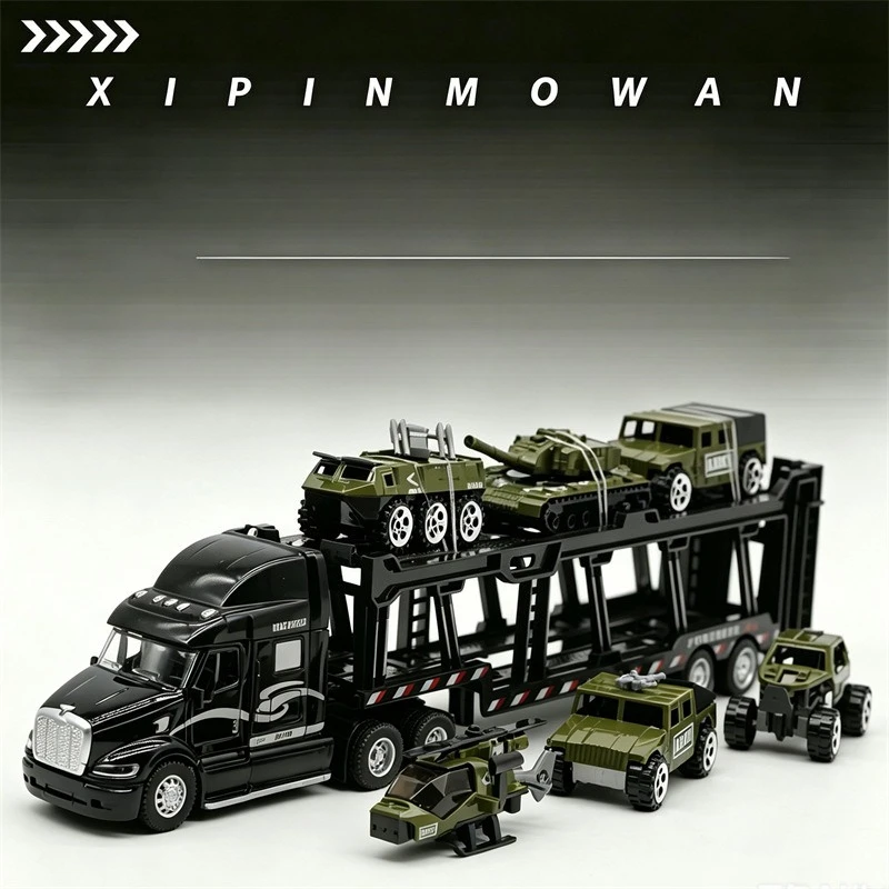 1:48 35CM Alloy American Military Vehicle Transporter with 6 Car Sets, Model New Toys Home Decor Hobby Collection