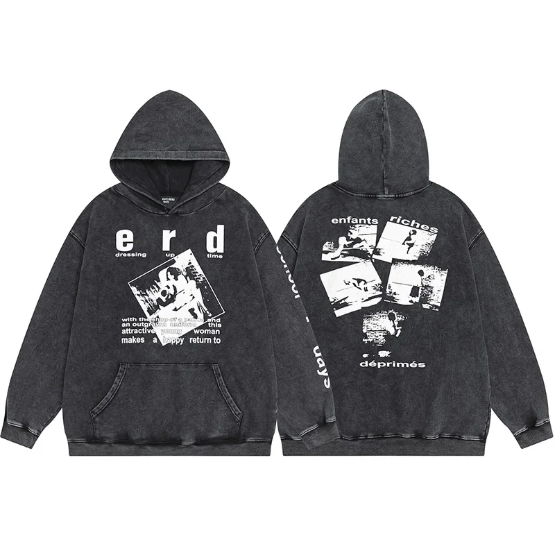 

Men Women Graphics Print Vintage Washed Black Enfants Riches Deprimes Hoodie High Quality Loose ERD Pullovers Hooded Inside Tags