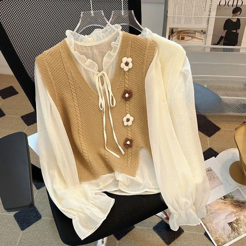 

Women's Autumn New Fashion Sweet Two-piece Set French Style Flower Decoration Knitted Vest with Long Sleeve Chiffon Shirt