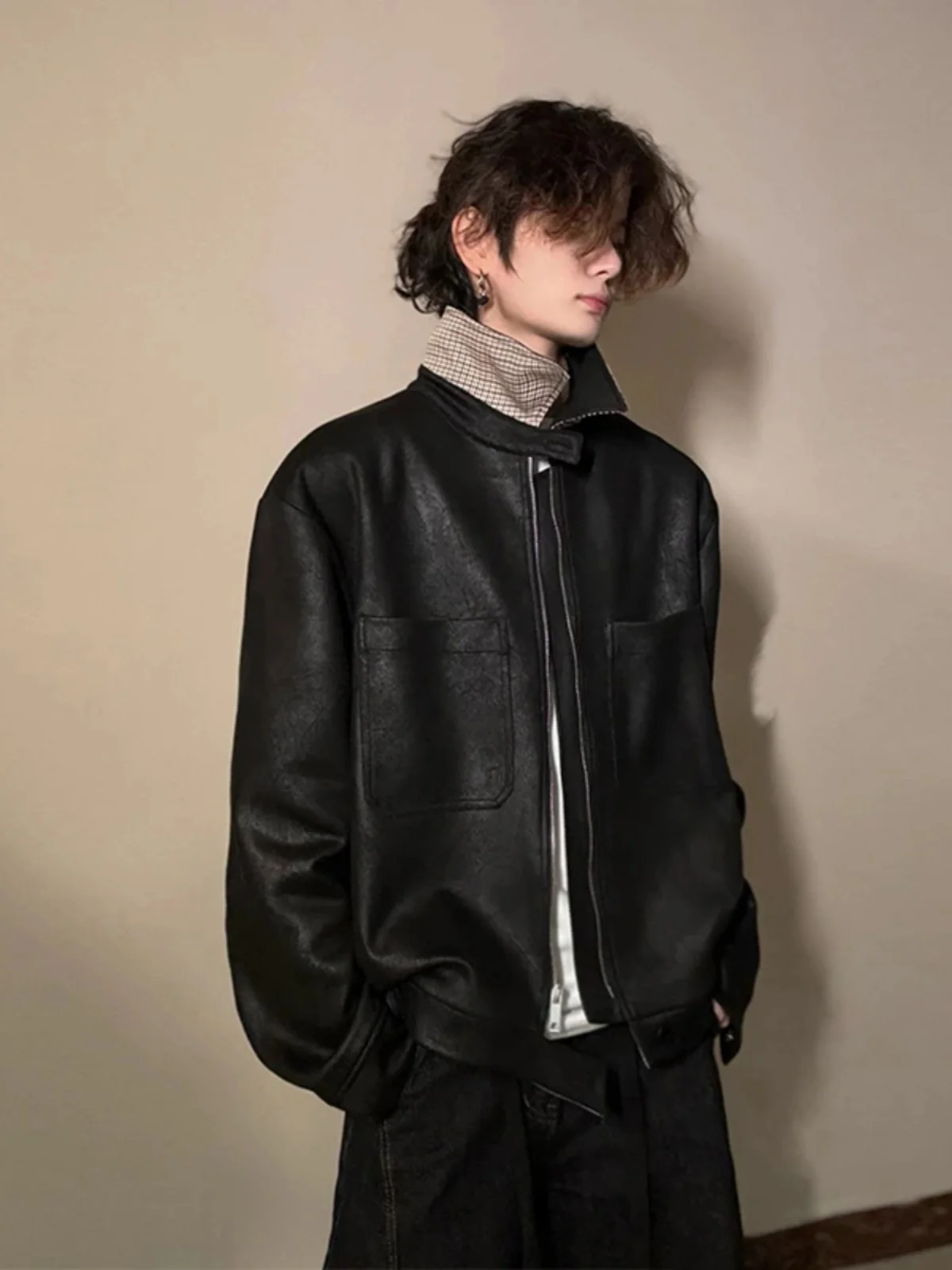 

Bla Splicing Leather Jaet Men's Spring Autumn Vintage Plaid Inner ort Baseball Sle Hunting Jaet Youth Trendy