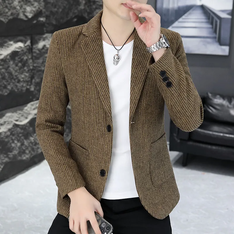 

Мужской облегающий костюм с двумя пуговицами, молодежный осенне-зимний новый корейский модный повседневный верхний костюм из смеси хлопка из полиэстера