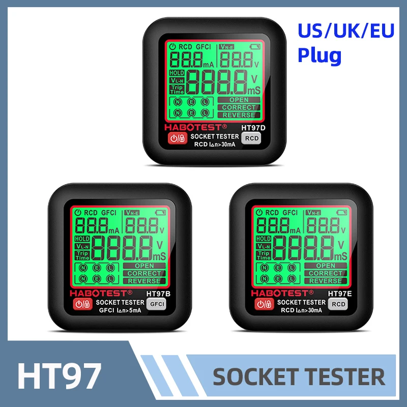 HT97 Socket Tester Pro Voltage Test US/UK/EU Plug LCD Digital Outlet Socket Detect Ground Zero Line Plug Polarity Phase Check