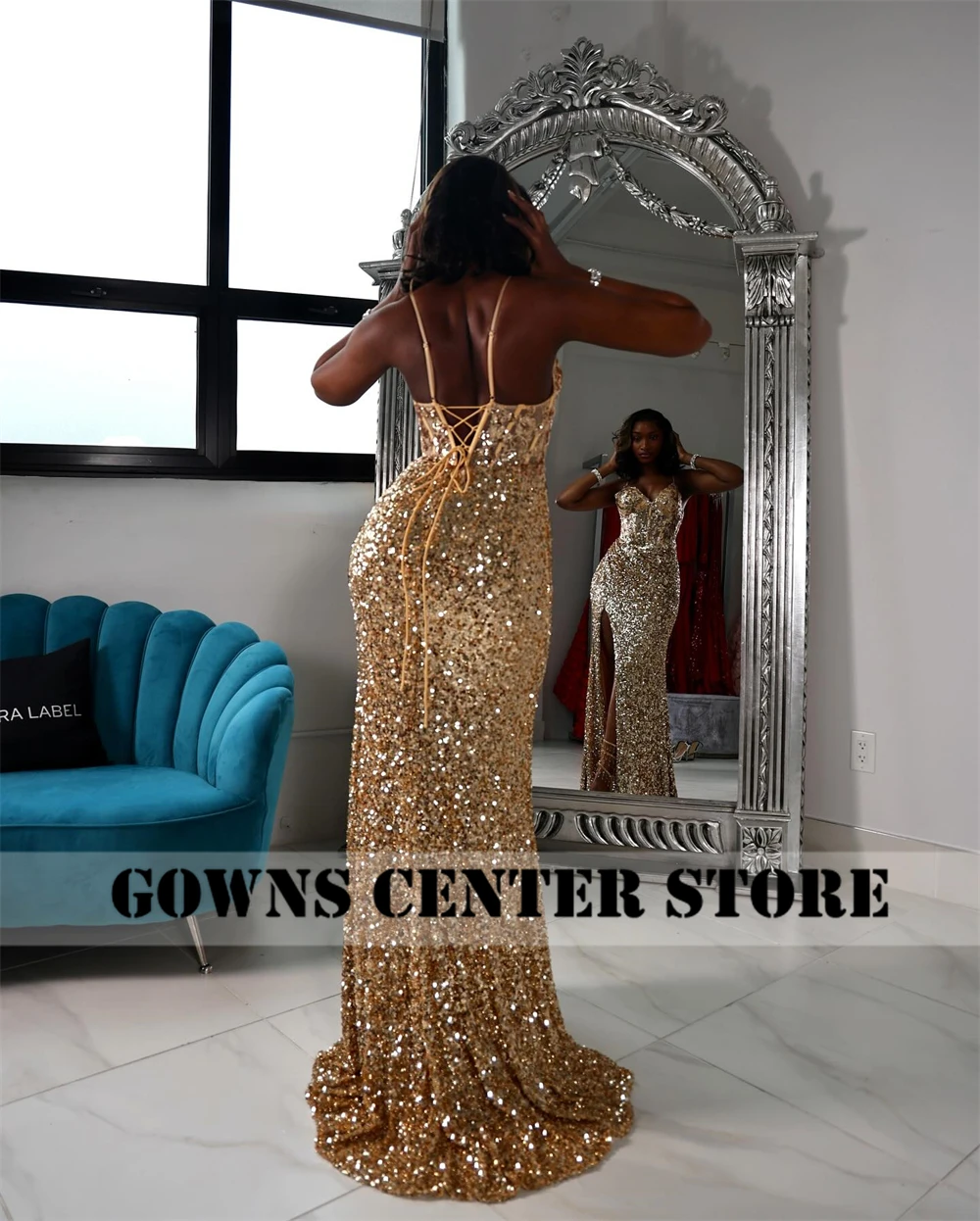 New Arrival High Split Champagne Spaghetti Prom Dresses 2024 For Blackgirls Mesh Cocktail Gowns Sparkly robe de bal Customized