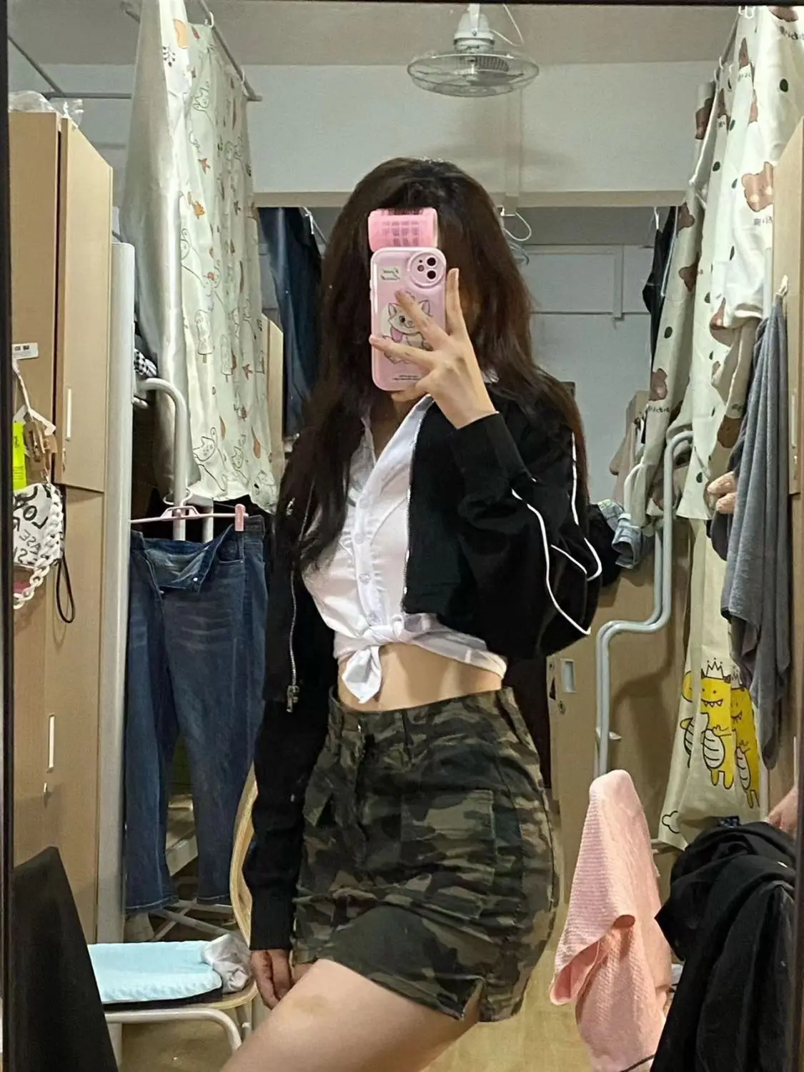 American Retro High Waist Split Camouflage Cargo Denim Skirt Women