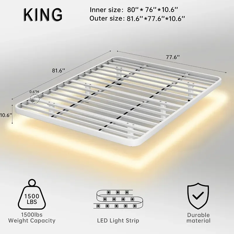 White Floating Bed Frame King Platform Bed Frame with LED Lights Metal Floating Bed Base with 15 Heavy Duty Steel Slats