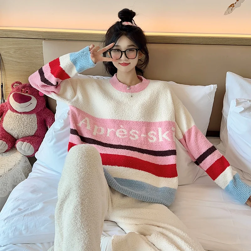 2023 Winter New Coral Fleece Thickening Pajama Set Multicolour Streak Women Pajamas Sutra Round Neck Warm Women Pajamas