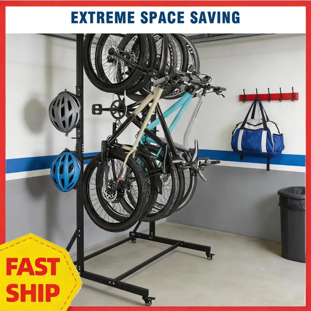 

Компактная подставка для велосипедов с фиксирующимися колесами и 6 крючками, напольная стойка для хранения велосипедов, вмещает до 5 велосипедов, регулируемая по высоте, для гаража