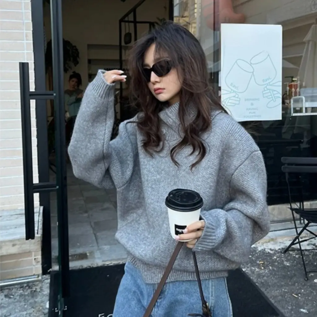 

Mature Style Slim-fit Sweater Top for Women Autumn Winter Light High Waist Straight Casual Dipped Denim Wide-leg Pants