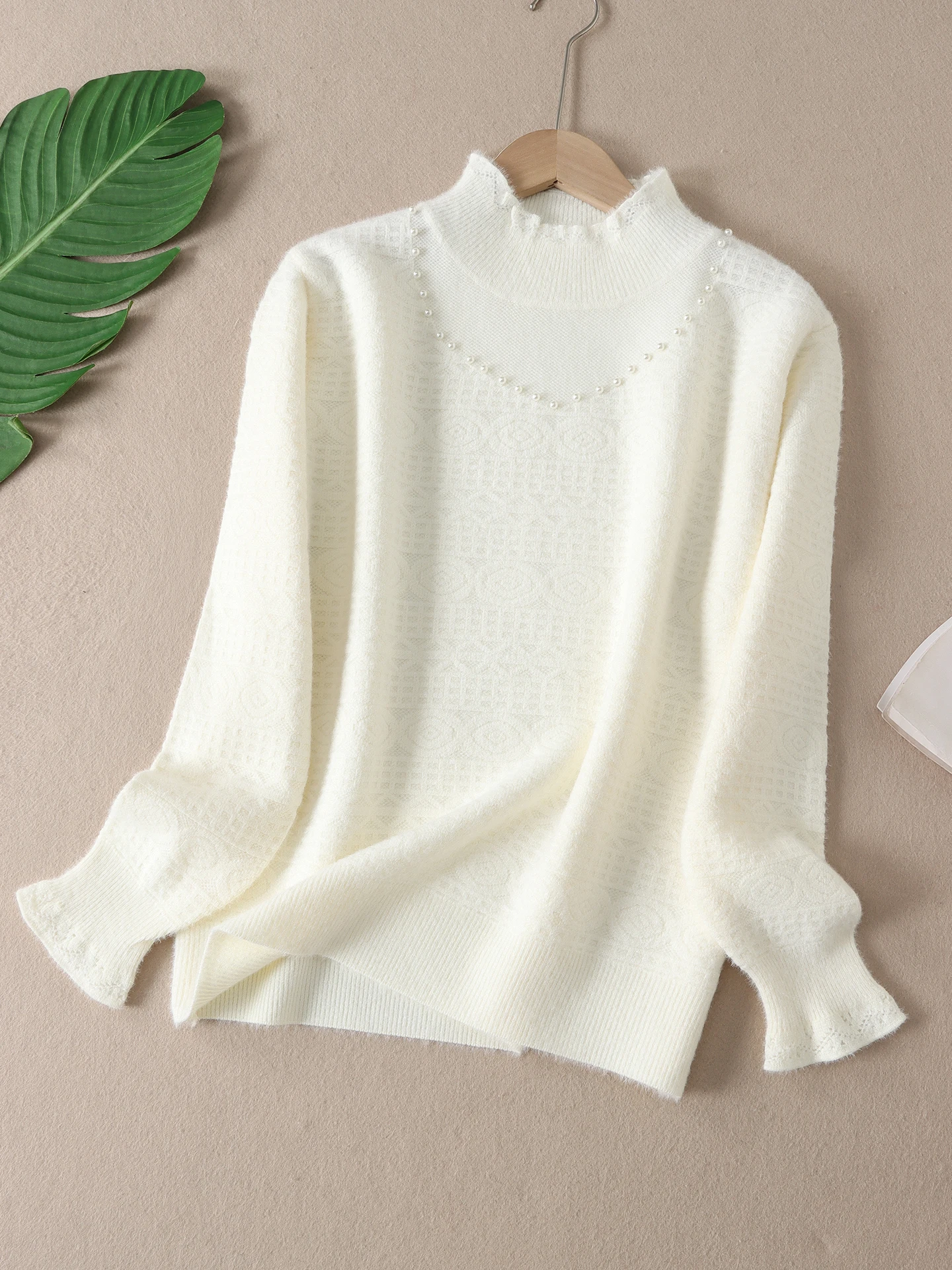 

Ele Knitted Sweater Women's f High Collar Pearl Embroidery Hollow Lace Warm Winter Faion Soft Sle Straight Tube