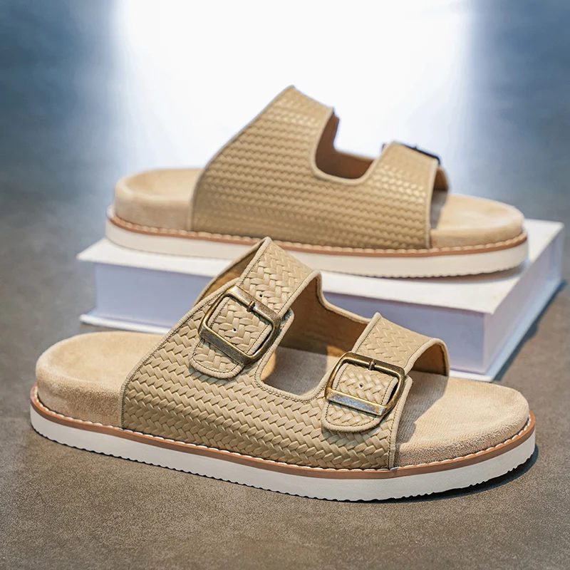 

2026 Autumn Mens Casual Sandals Fashion Round Toe Beach Man Sandals Comfort Soft Bottom Pu Leather Microfiber Flat Footwear Male