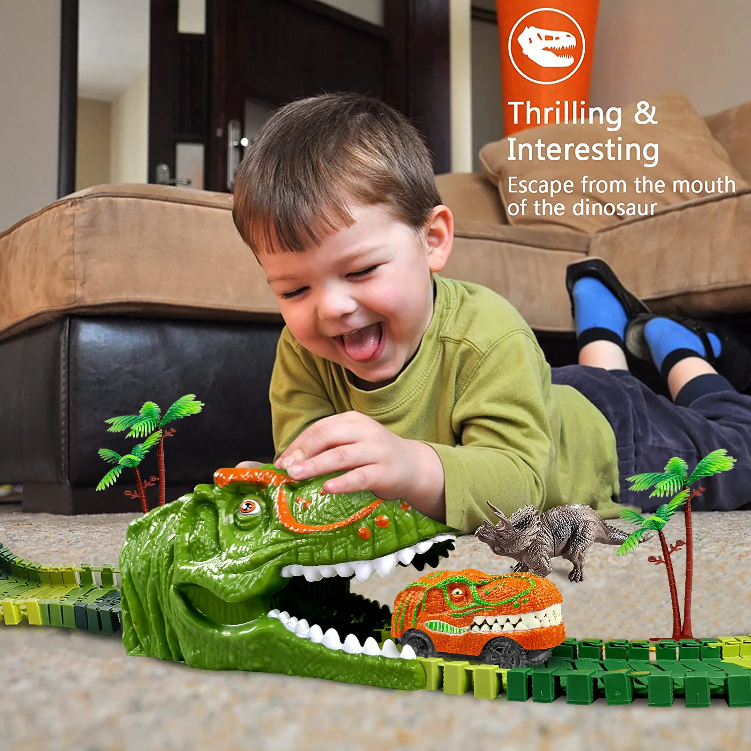 Juguetes de dinosaurios para niños, crea tu propia pista de carreras del mundo de dinosaurios, pistas de carrera flexibles para niños y niñas de 3 4