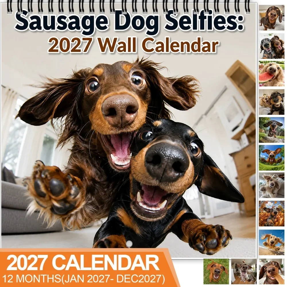 2027 Desk Calendar 12 Months Sausage Dog Selfies Funny Dachshund Monthly Calendar Cute Pet Desk Calendar Gift for Dog Lovers