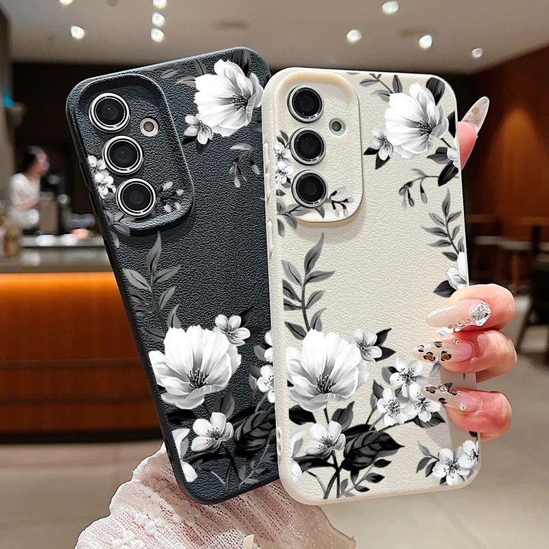 Case For Samsung Galaxy S25 S23 S22 Ultra S24 FE A56 A36 A16 A55 A15 A54 A35 5G Flowers Pattern Leather Texture TPU Phone Cover