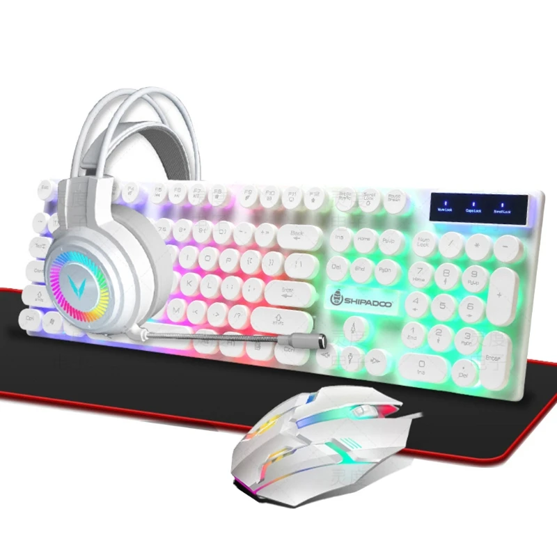 

RGB Color Changing Mouse Headset Keyboard Mouse Pad Multimedia Rainbow Backlit 4 in 1 Gaming Keyboard