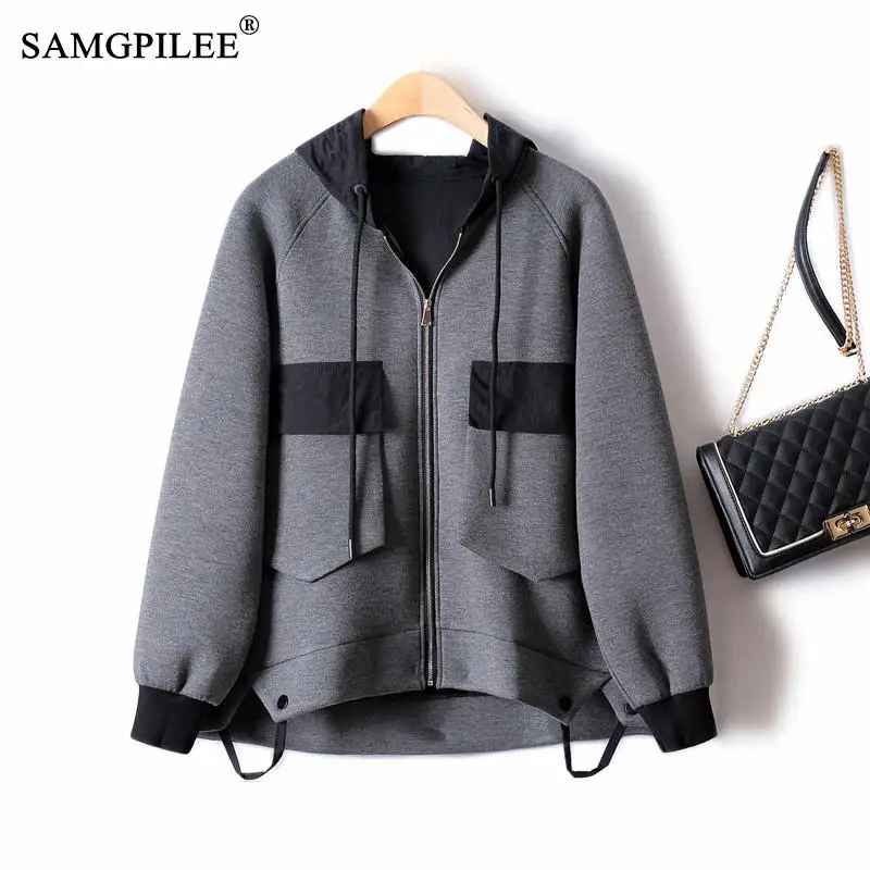 

Light Luxury Coats Woman 2022 Autumn Large Pocket Space Cotton Contrast Color Hooded Casual Korean Clothes Women Jackets 4XL