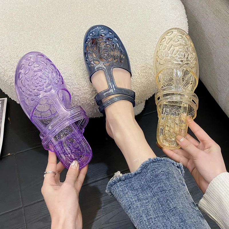 2026 Crystal Slippers Women's Transparent Anti-Slip Home Wear Summer Outdoor Half Slippers Comfortable Slip-On PVC Material