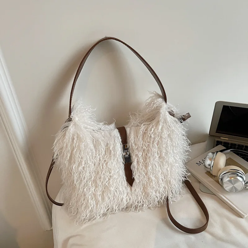 

Модная женская сумка-тоут из искусственной овчины Y2K, простая сумка через плечо, зимняя новая удобная и универсальная текстурированная сумка для хранения