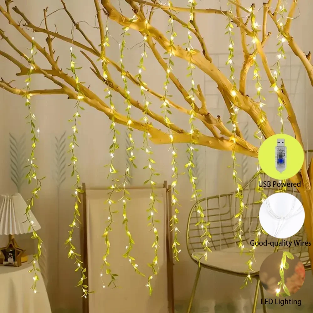 1PC 3*1M100LED USB Creative Artificial Willow Leaf Curtain Light, 8 Flashing Modes, Used for Balconies, Living Rooms Decoration