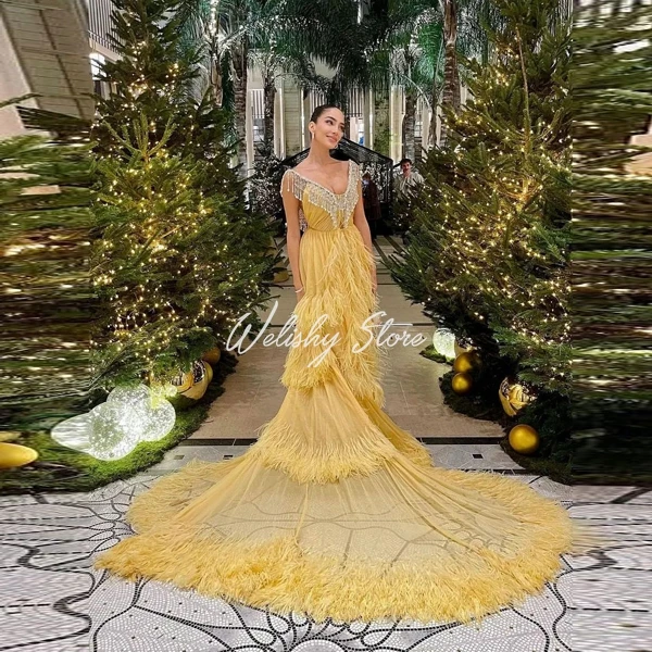 Vestidos Sexy Deep V Neck High Split Prom Gowns Women Butter Beads Tassels Feathers Dresses With Long Train Sheer Tulle Dress