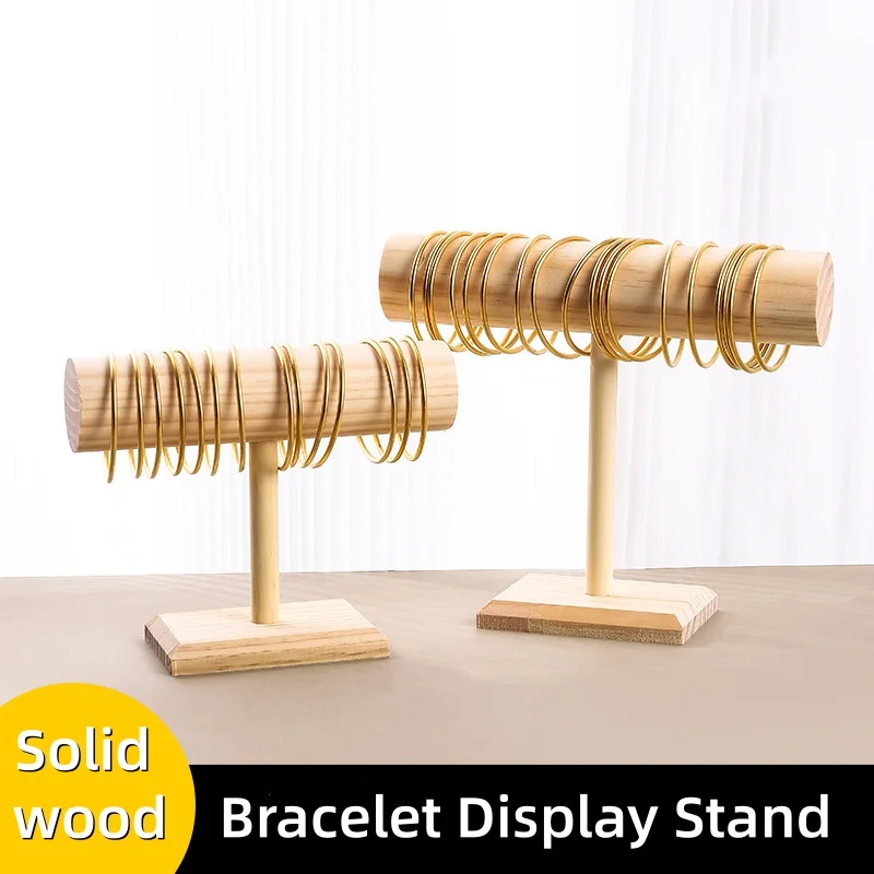 Portable Hard Wooden Bracelet Chain T-Bar Rack Jewelry Display Stand for Bangle Watch Necklace Home Organization Holder Showcase