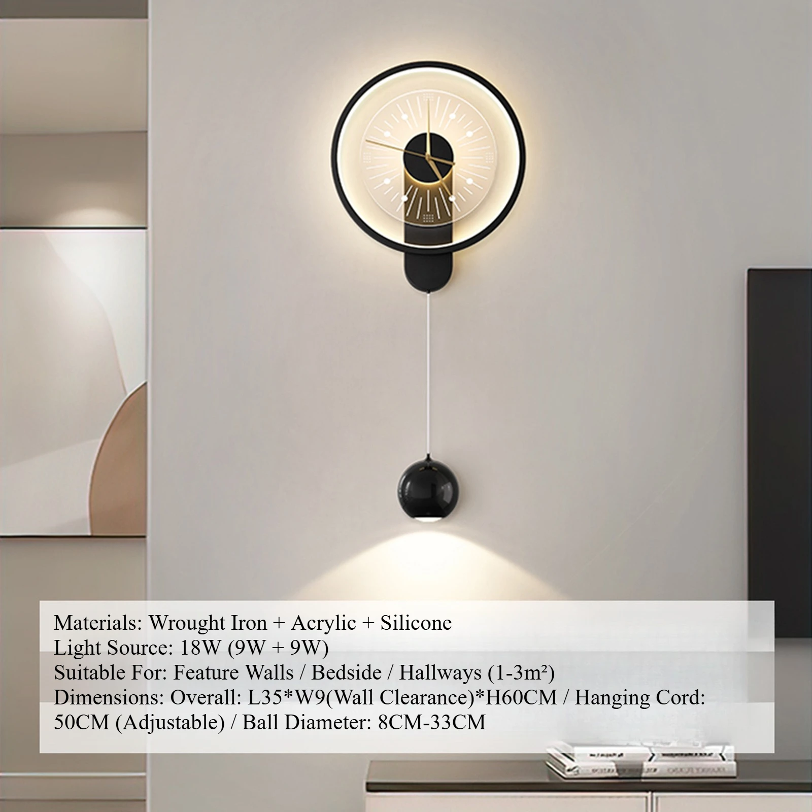 LED 3-Color Dimmable مع شمعدان حائط مزخرف على مدار الساعة، حديد وأكريليك، مصباح جداري إبداعي أسود حديث لغرفة النوم بجانب السرير #4