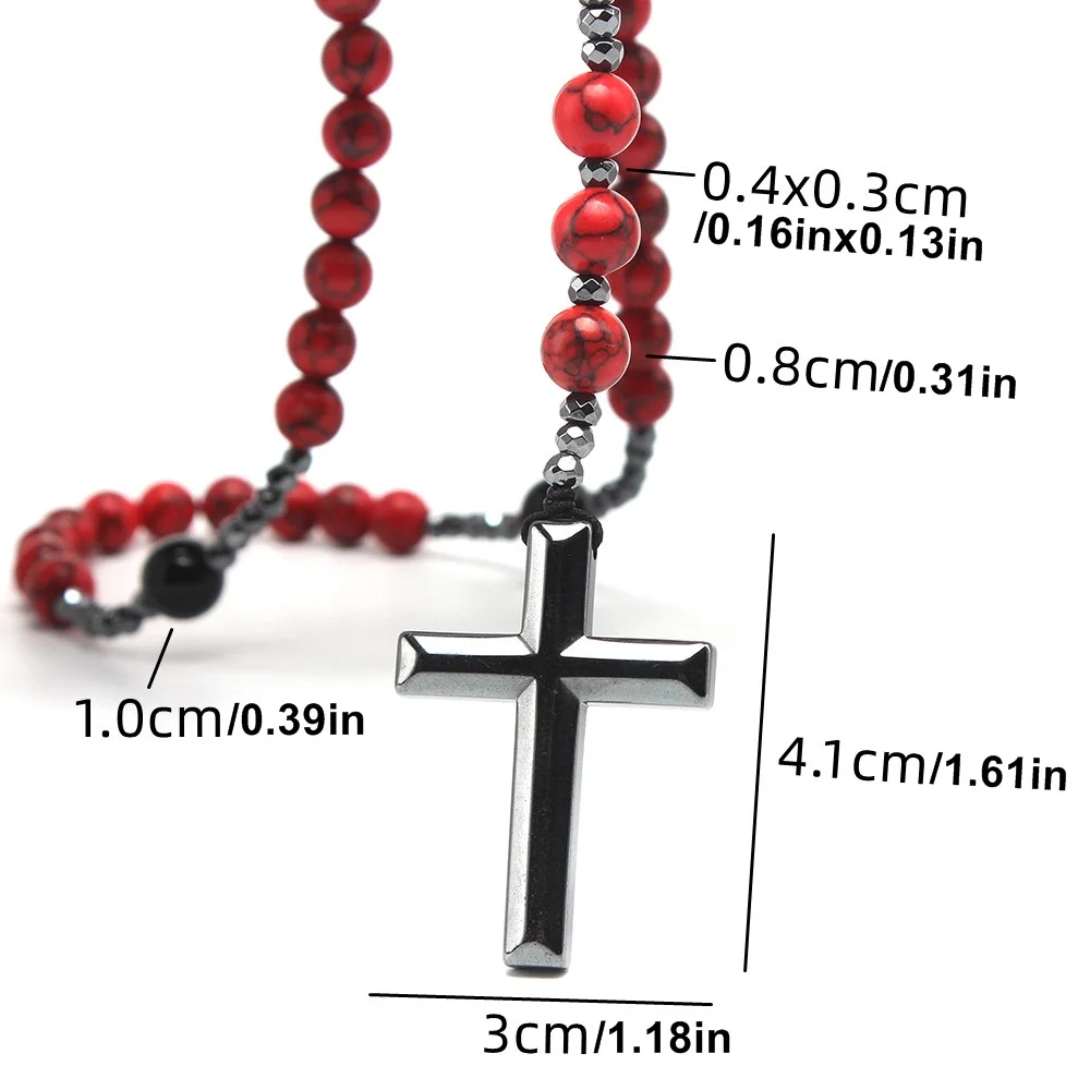 Natural 8mm Red Turquoise Beads with Hematite Cross Pendant Necklace for Men and Women