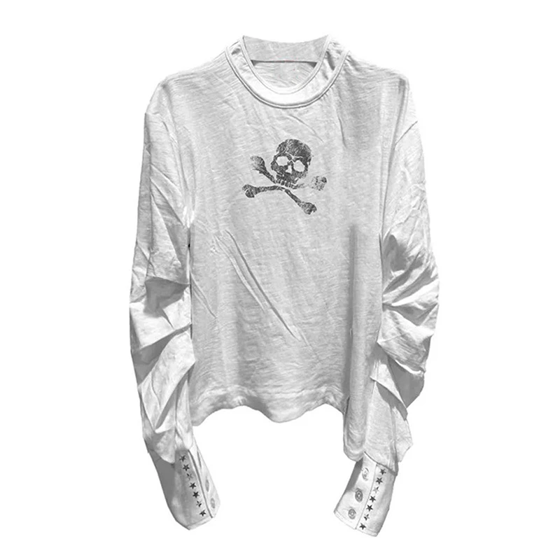 Summer American Casual High Street Versatile Long Sleeve Tops Dark Gothic Punk Y2k Retro Printed Button Long Sleeve T-shirt Tops