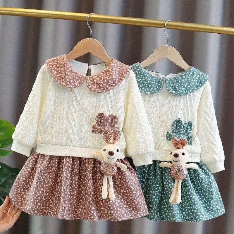 Winter girl\'s baby clothes dress for newborn 1st birthday lamb wool velvet thick warm floral dresses girls\' baby clothing dress