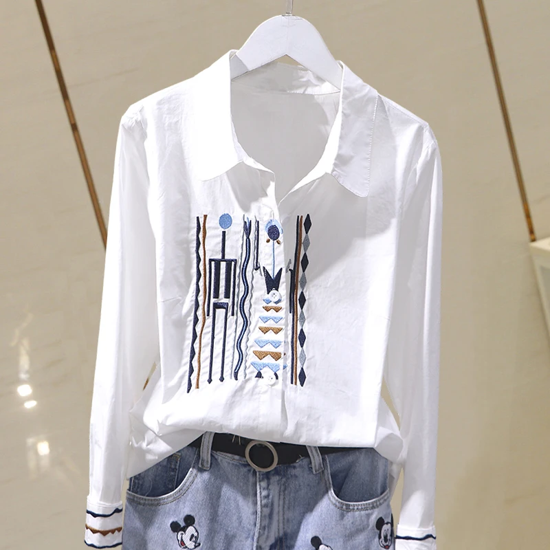 White Cotton Embroidery Women Shirts Spring Autumn New Fashion Blouses 2022 Turn-Down Collar Straight Female Outwear Tops Blusas