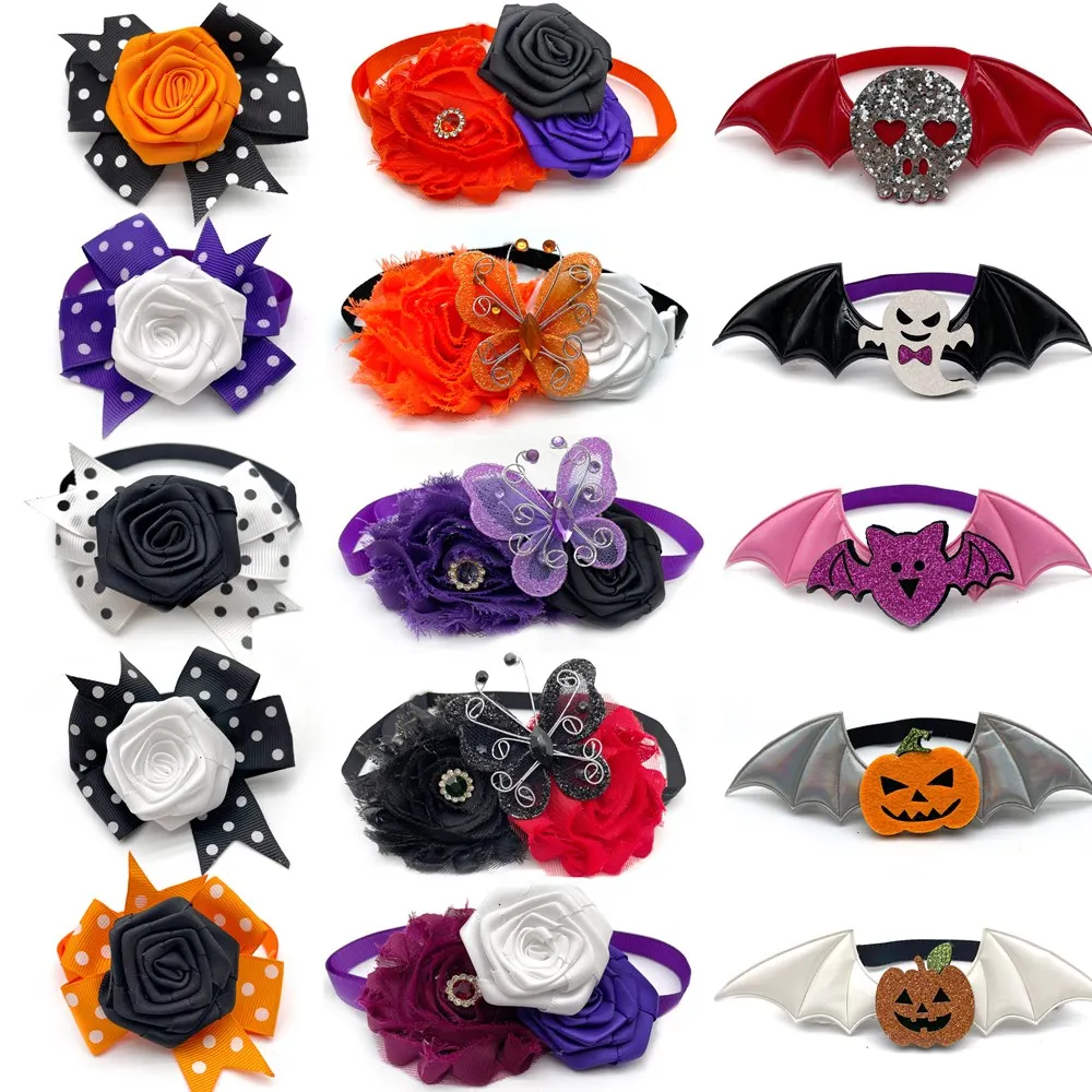 30/50pcs Halloween Mix Style Pet Supplies Pet Dog Cat Bowtie Wing Style Pumpkin Skull Flower Small Dog Halloween Dogs Supplies