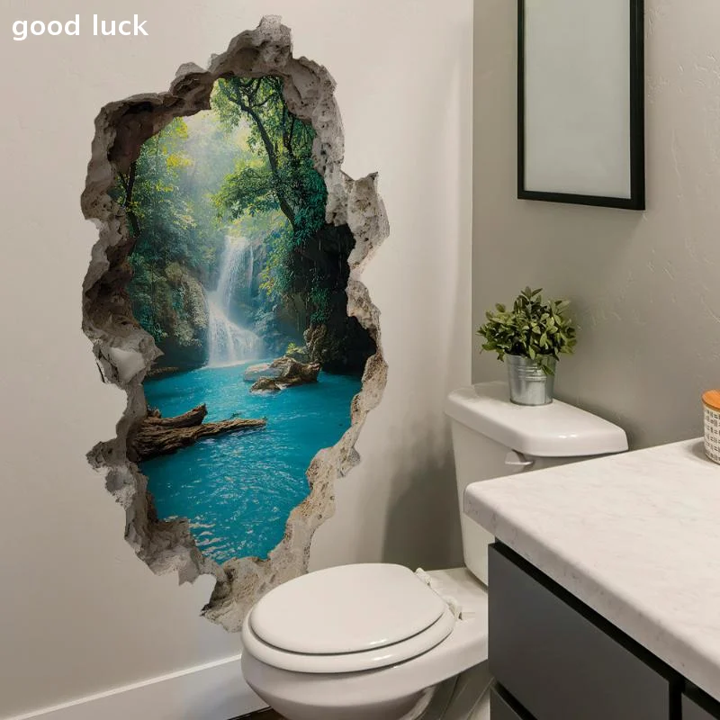 Adesivos de parede criativos com paisagem de cachoeira e vale, adesivos de parede para quartos, banheiros, decoração de casa