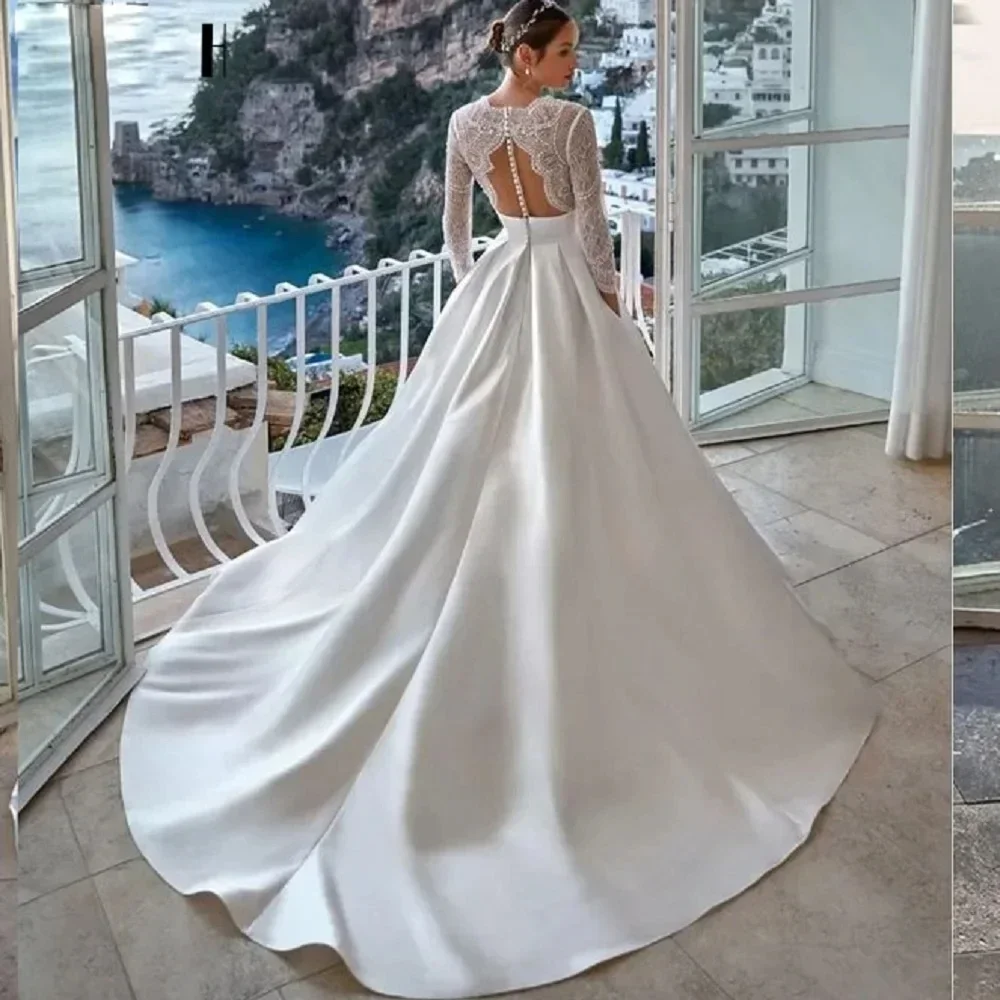 Customzied Wedding For Women Illusion Tulle Bridal Gown A-Line Button Backless Modern V-neck Full Sleeves Robe De Mariée