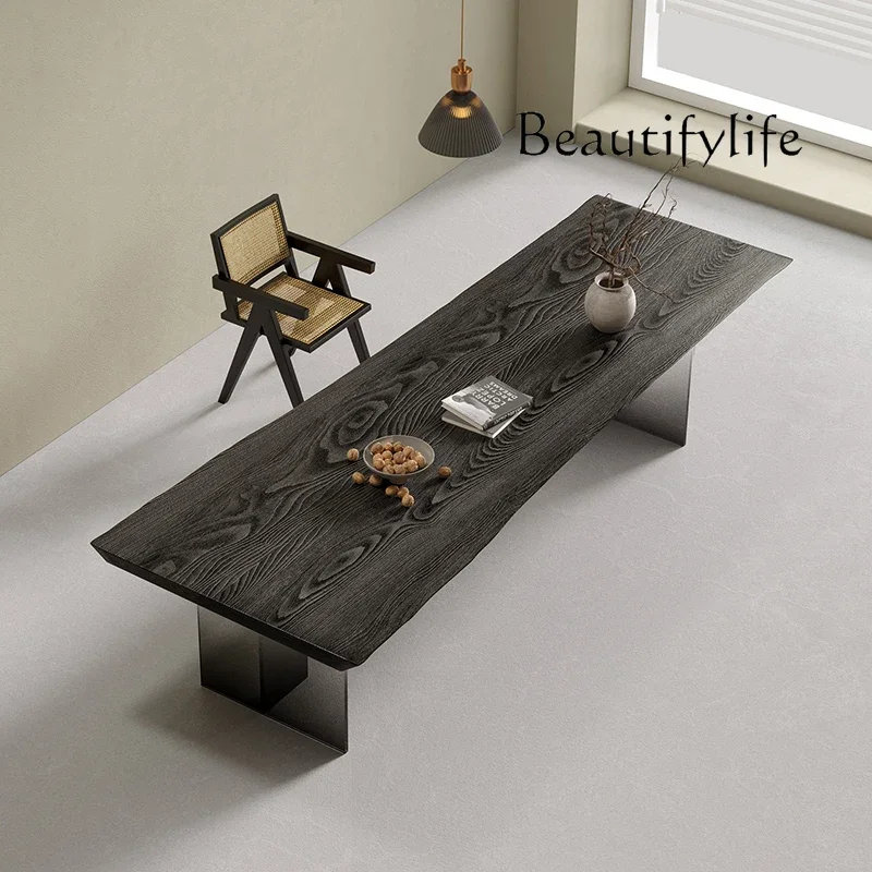 N36 Nordic wabi sandy wind solid wood black carbonized tea table household acrylic gradual change dining table