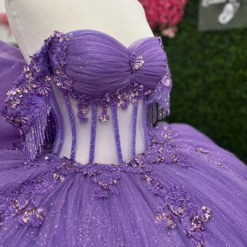 

Shiny Purple Quinceanera Dress off-shoulder Lace layering crystal decal Long tail Bow vestidos de 15 Quinceanera ﻿Customize