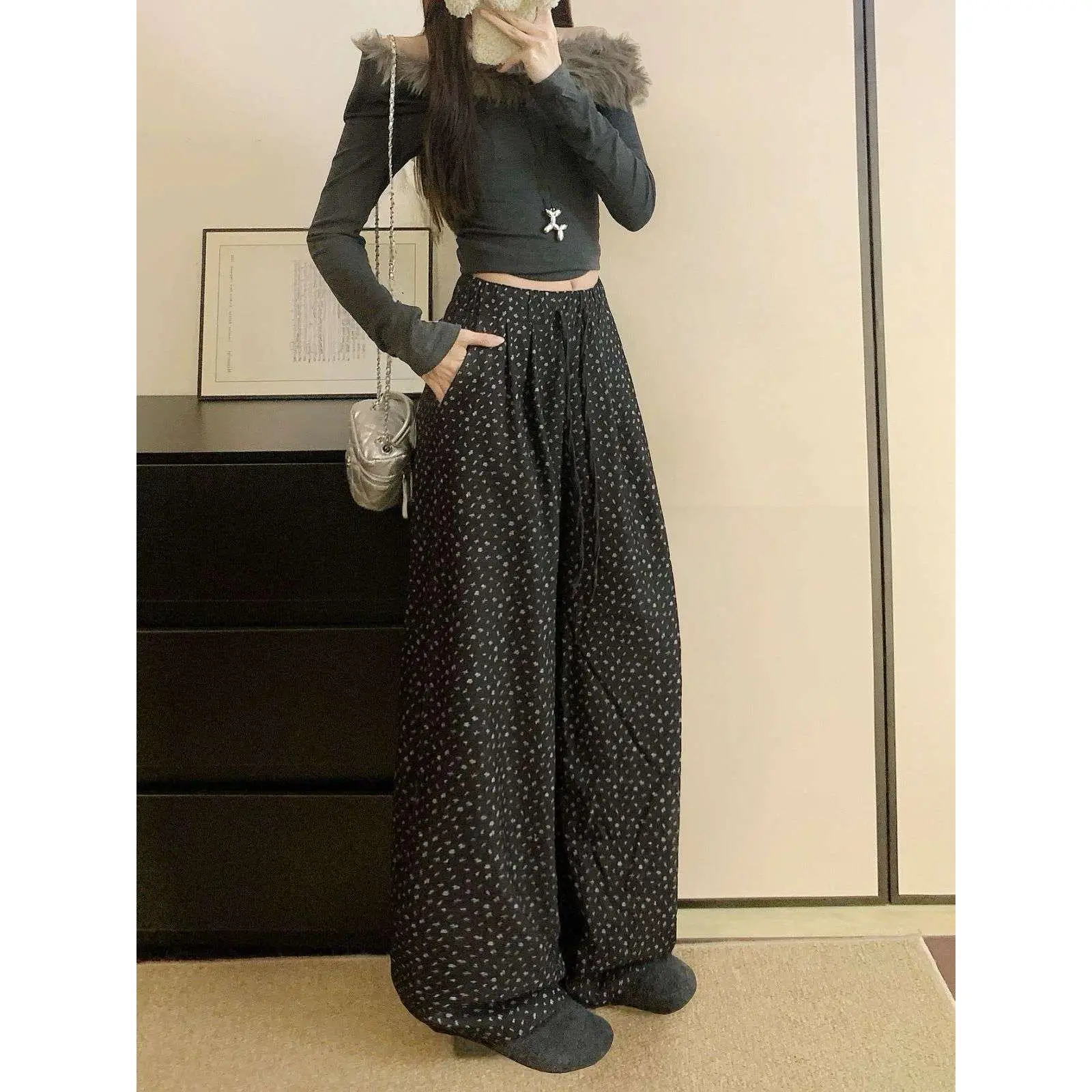 Trendy Elastische Taille Dstring Blumen Druck Lose Breite Bein Hause Gerade Casual Hosen Frauen Frühling Herbst Hohe Taille Polyest...