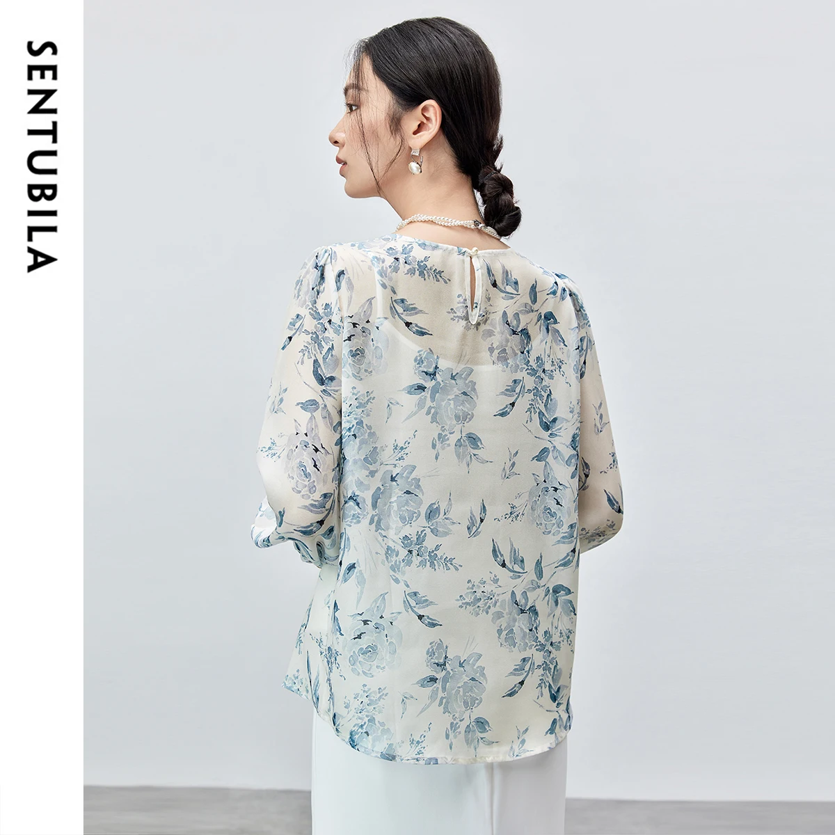 SENTUBILA Women 2 Piece Set 2024 Fall Basic Comfort Vest Chiffon Art Print Hollowed Out Lace Blouse Elegant Women Top 143V57361X