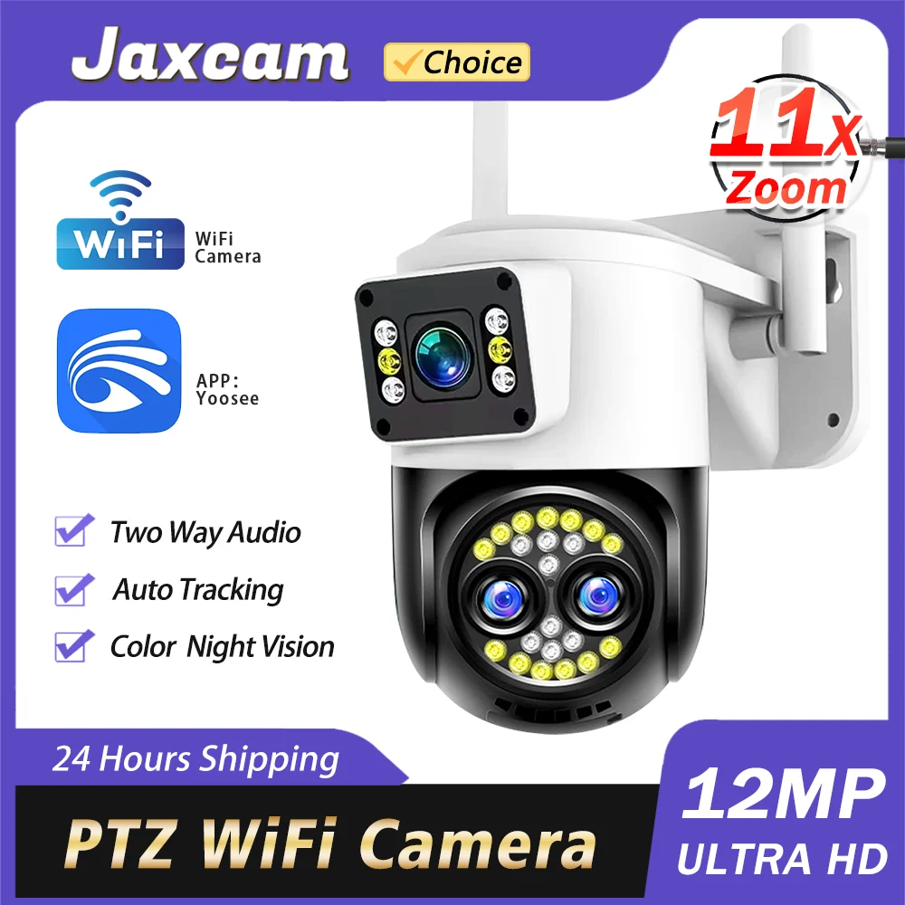 11X Zoom 12MP 6K HD Outdoor WiFi Dual Screens PTZ IP Camera Auto Tracking CCTV Security Protection Surveillance Camera YOOSEE