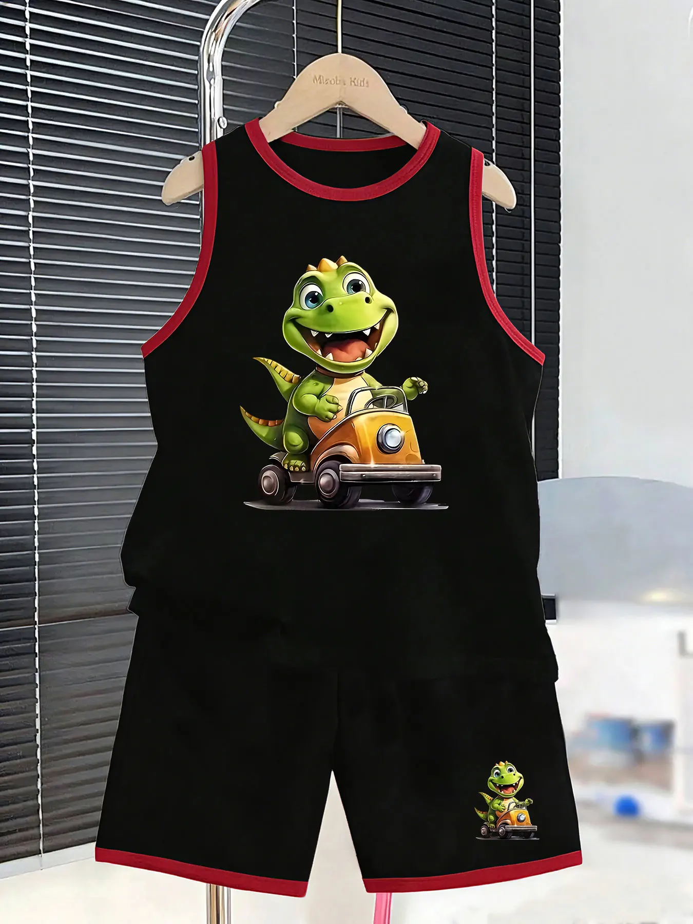 Boys' Dinosaur Driving-themed Tank Top and Shorts Set, specially designed for little boys who love cute and fun elements. Made o