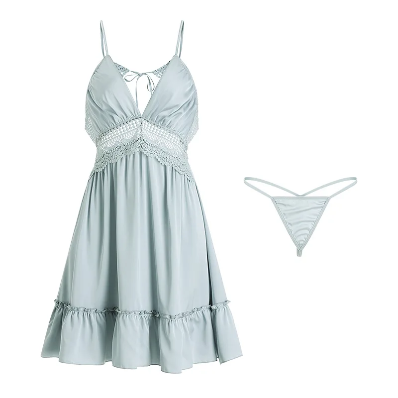 Lace Ruffles Nightgown Spaghetti Strap Nightdress Sleepwear Backless Women Long Rayon Sleepshirt Sexy Home Clothes with Panties