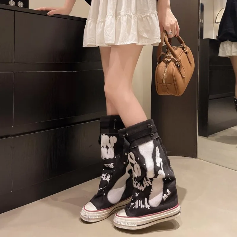 Women's Knee-High Boots Round Toe Flat Sole Canvas Upper Graphic Print Slouchy Shaft Buckle Strap Casual Daily Walking Footwear