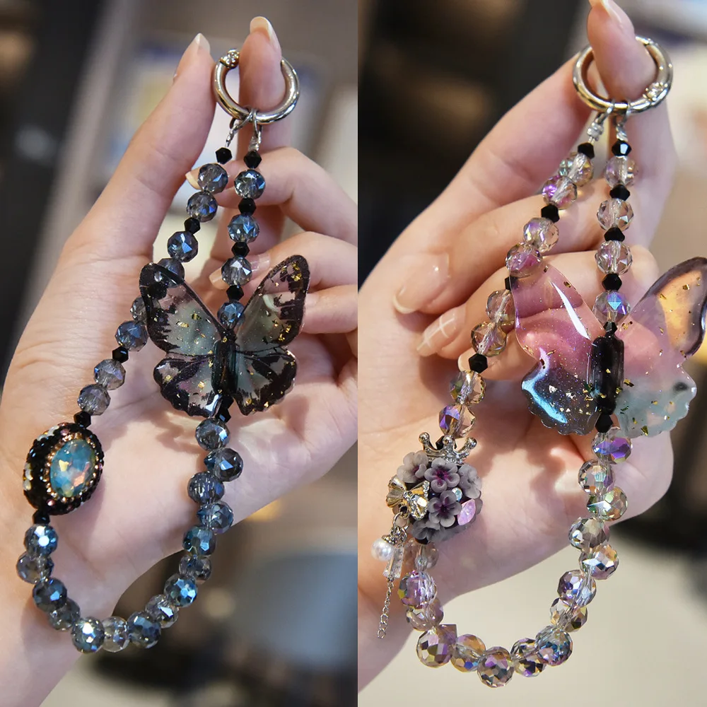

Sparkling Crystal Beads Butterfly Phone Strap Lanyard Pink Wrist Keychain Accessories Bag Pendant Car Trendy Charm For Women