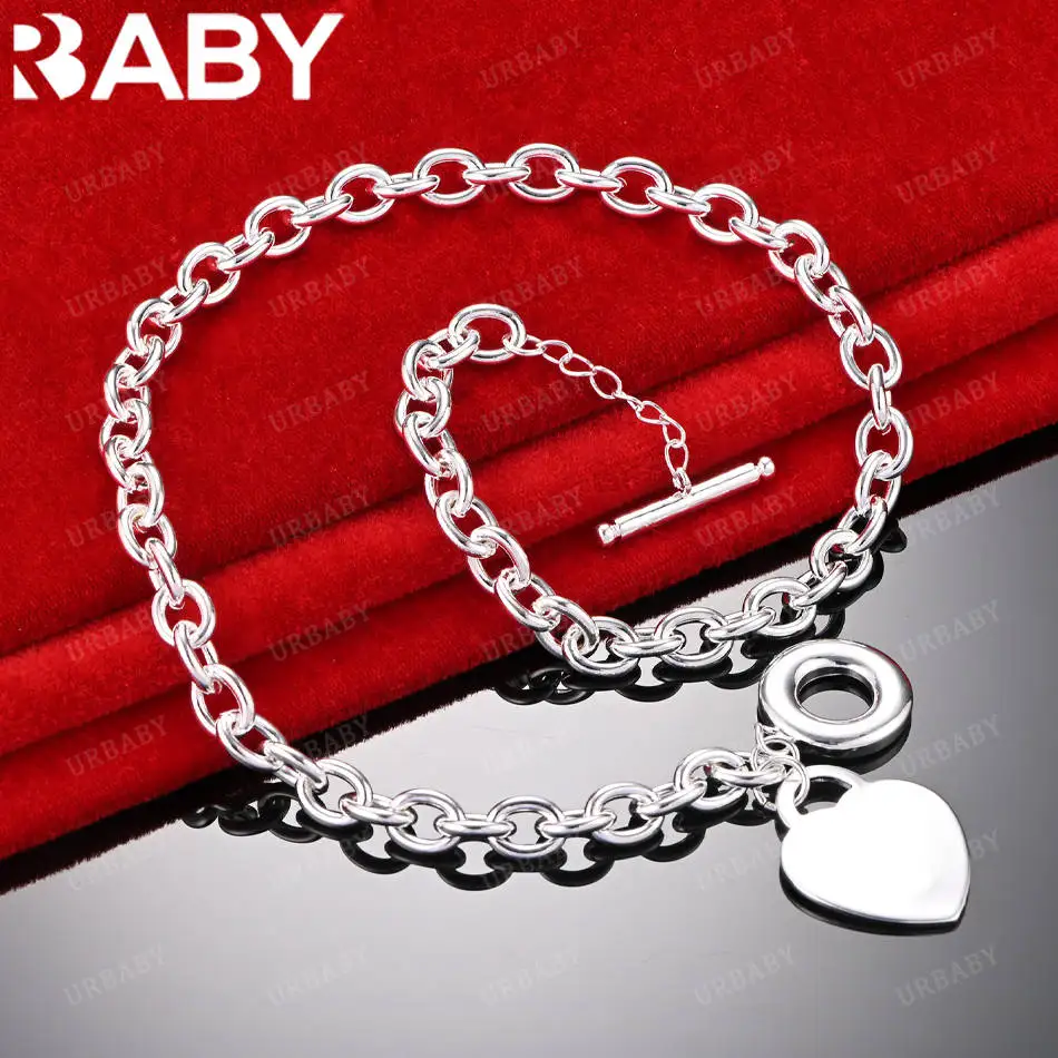

URBABY 47cm 925 Sterling Silver Heart Chain Necklace For Women Men Anniversary Gift Popular Wild Fashion Romantic Jewelry