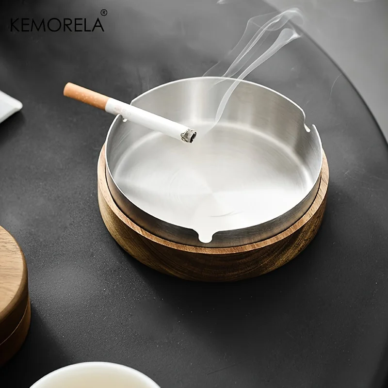 Acacia Wood Desktop Ashtray With Lid Stainless Steel Windproof Ash Tray For Bar Office Home Decoration Smoking Accessories