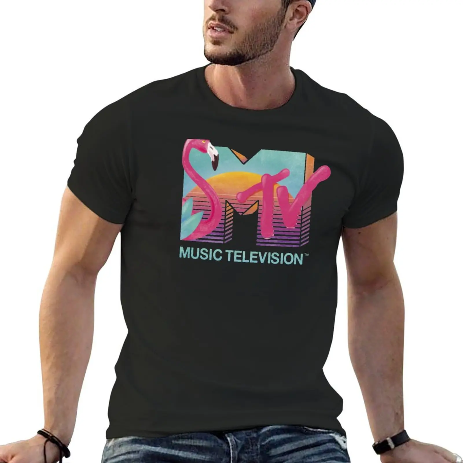 

MTV Retro Flamingo Sunset Logo Fill T-Shirt graphics for a boy blacks designer t shirt men